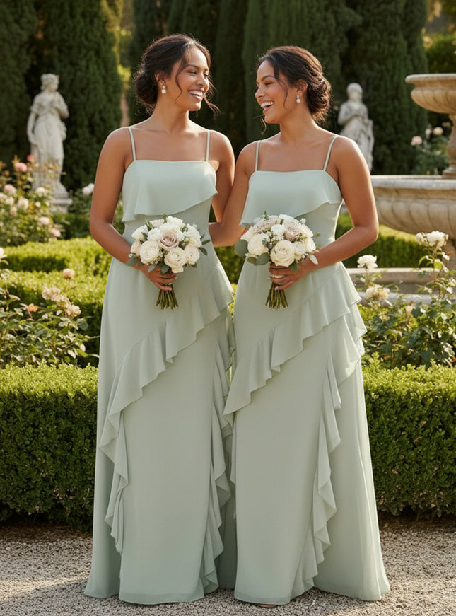 Chiffon Spaghetti Straps Square Neck Ruffles Bridesmaid Dresses
