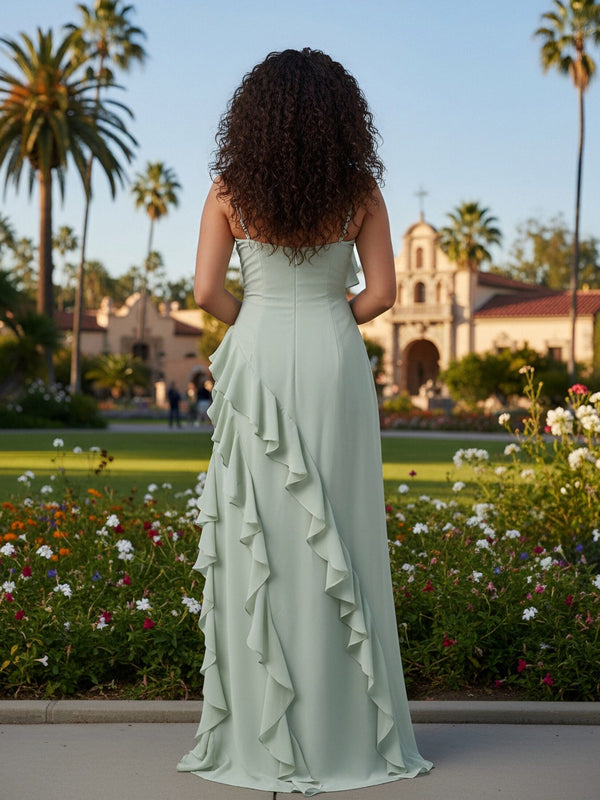 Chiffon Spaghetti Straps Square Neck Ruffles Bridesmaid Dresses