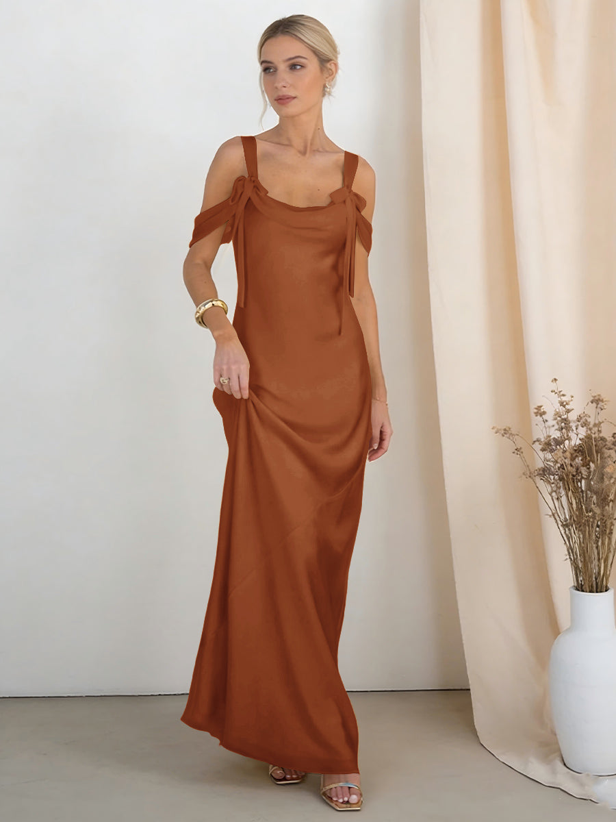Satin Spaghetti Straps Bridesmaid Dresses with Bows