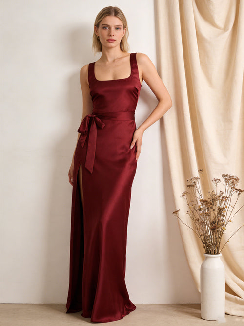Satin Square Neck Bridesmaid Dresses with Belt