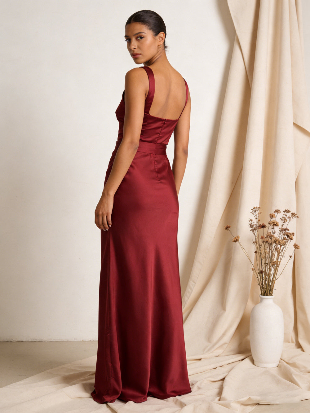 Satin Square Neck Bridesmaid Dresses with Belt