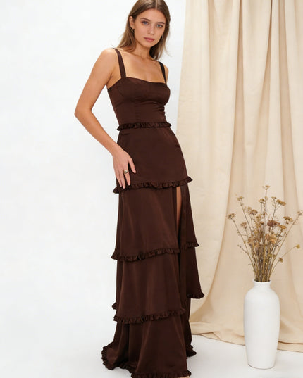 Tiered Spaghetti Straps Satin Bridesmaid Dresses with Slit