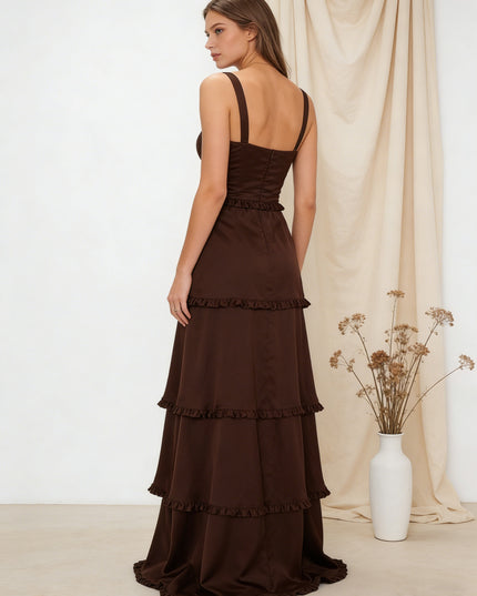 Tiered Spaghetti Straps Satin Bridesmaid Dresses with Slit