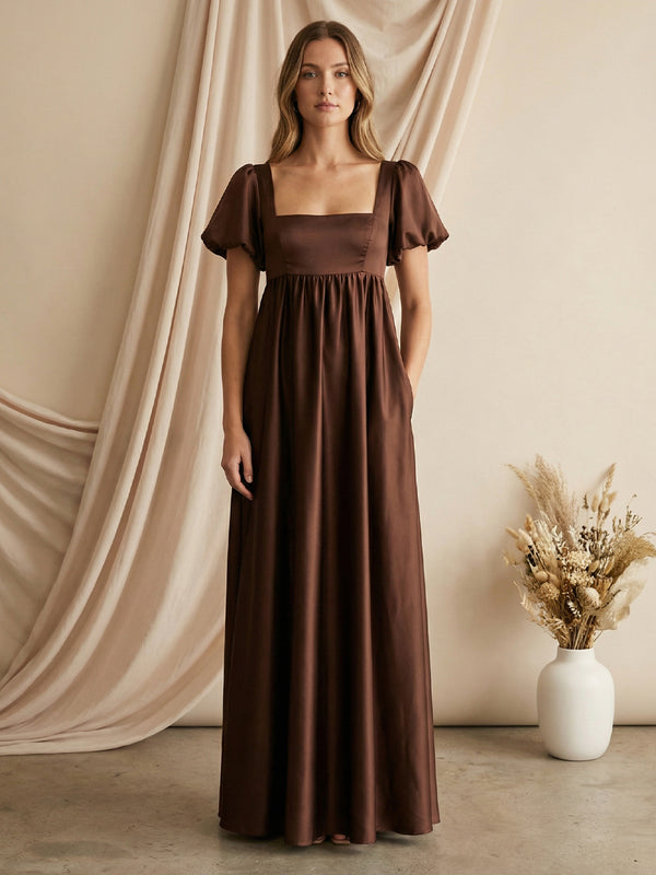 Satin Square Neck A line Maxi Dresses with Sleeves