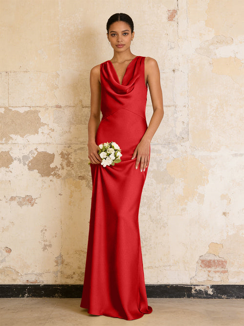 Satin Cowl Neck Mermaid Maxi Bridesmaid Dresses