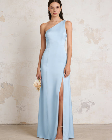 Satin One Shoulder Mermaid Maxi Bridesmaid Dresses with Slit