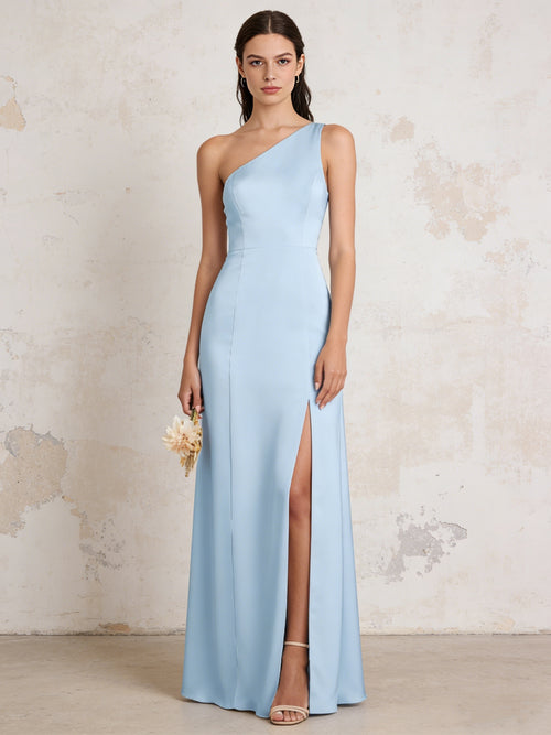 Satin One Shoulder Mermaid Maxi Bridesmaid Dresses with Slit