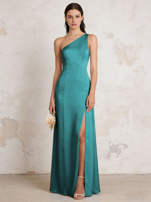 Satin One Shoulder Mermaid Maxi Bridesmaid Dresses with Slit