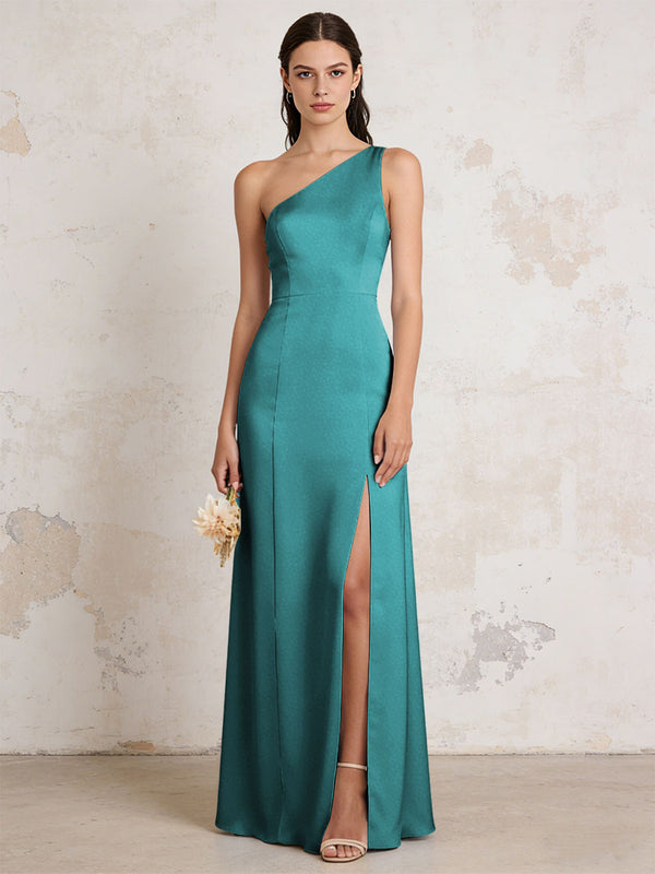 Satin One Shoulder Mermaid Maxi Bridesmaid Dresses with Slit