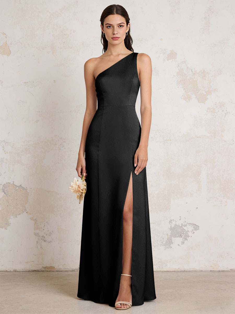 Satin One Shoulder Mermaid Maxi Bridesmaid Dresses with Slit