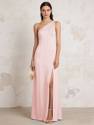 Satin One Shoulder Mermaid Maxi Bridesmaid Dresses with Slit