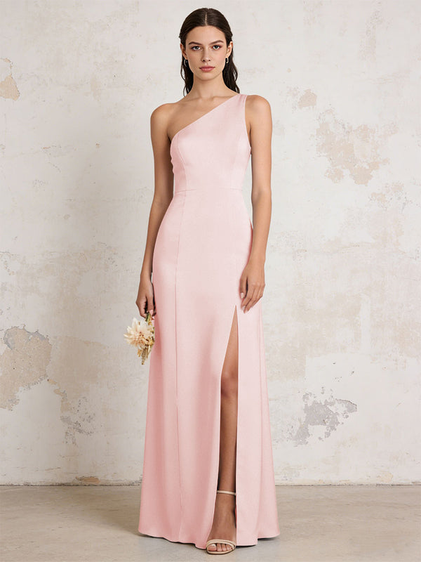 Satin One Shoulder Mermaid Maxi Bridesmaid Dresses with Slit