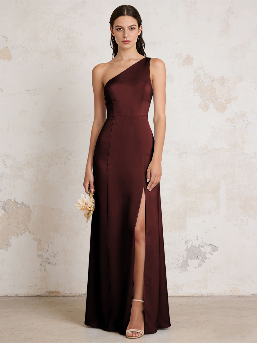 Satin One Shoulder Mermaid Maxi Bridesmaid Dresses with Slit