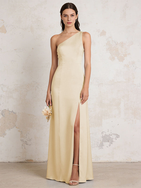 Satin One Shoulder Mermaid Maxi Bridesmaid Dresses with Slit
