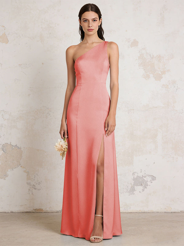 Satin One Shoulder Mermaid Maxi Bridesmaid Dresses with Slit