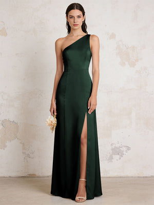 Satin One Shoulder Mermaid Maxi Bridesmaid Dresses with Slit