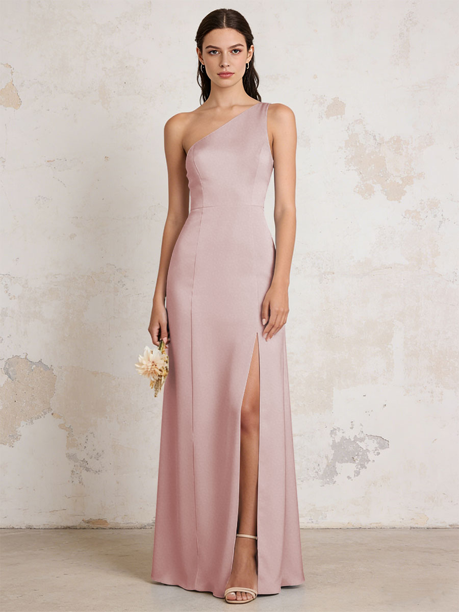 Satin One Shoulder Mermaid Maxi Bridesmaid Dresses with Slit