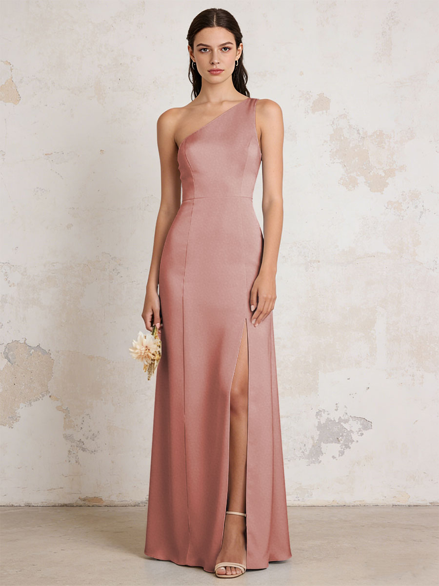 Satin One Shoulder Mermaid Maxi Bridesmaid Dresses with Slit