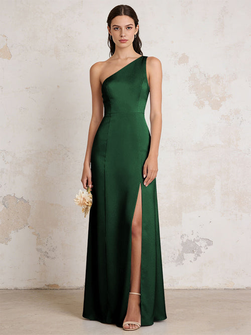 Satin One Shoulder Mermaid Maxi Bridesmaid Dresses with Slit