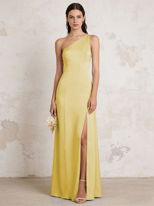 Satin One Shoulder Mermaid Maxi Bridesmaid Dresses with Slit