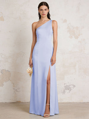 Satin One Shoulder Mermaid Maxi Bridesmaid Dresses with Slit