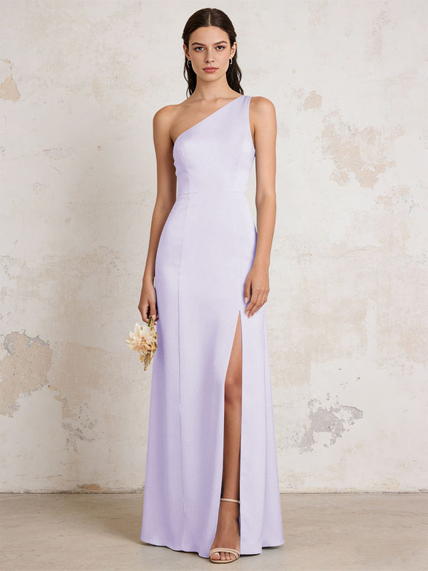 Satin One Shoulder Mermaid Maxi Bridesmaid Dresses with Slit