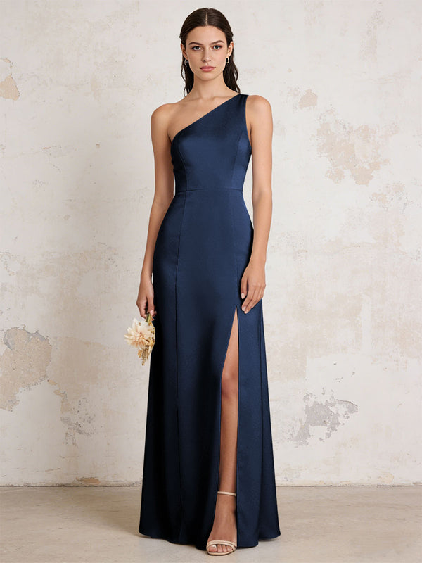 Satin One Shoulder Mermaid Maxi Bridesmaid Dresses with Slit