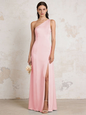 Satin One Shoulder Mermaid Maxi Bridesmaid Dresses with Slit