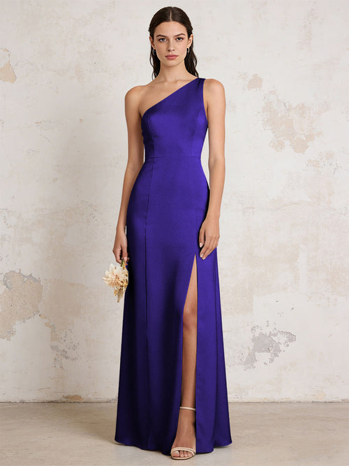 Satin One Shoulder Mermaid Maxi Bridesmaid Dresses with Slit