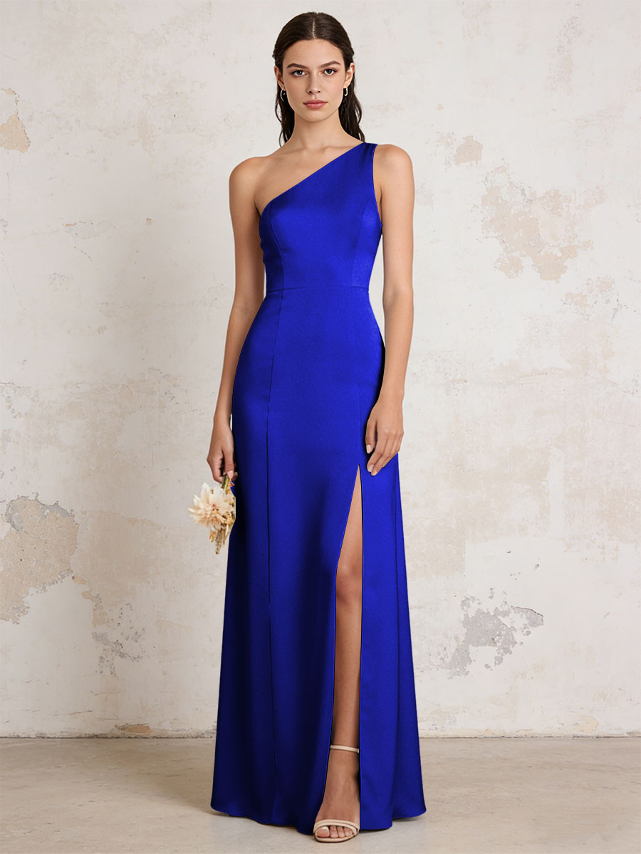 Satin One Shoulder Mermaid Maxi Bridesmaid Dresses with Slit