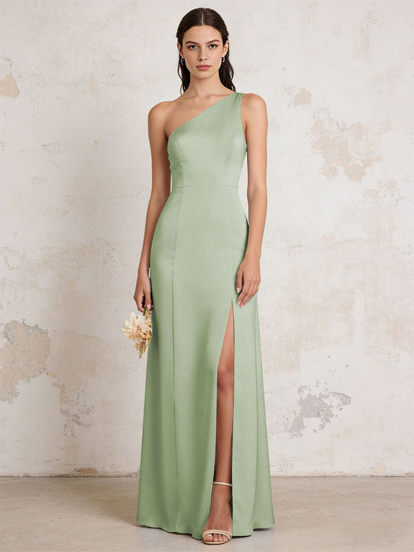 Satin One Shoulder Mermaid Maxi Bridesmaid Dresses with Slit
