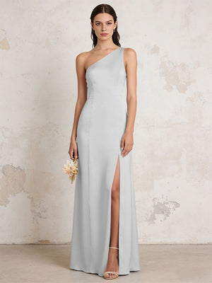 Satin One Shoulder Mermaid Maxi Bridesmaid Dresses with Slit