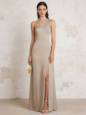 Satin One Shoulder Mermaid Maxi Bridesmaid Dresses with Slit