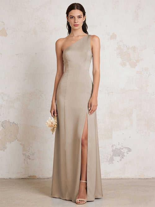 Satin One Shoulder Mermaid Maxi Bridesmaid Dresses with Slit