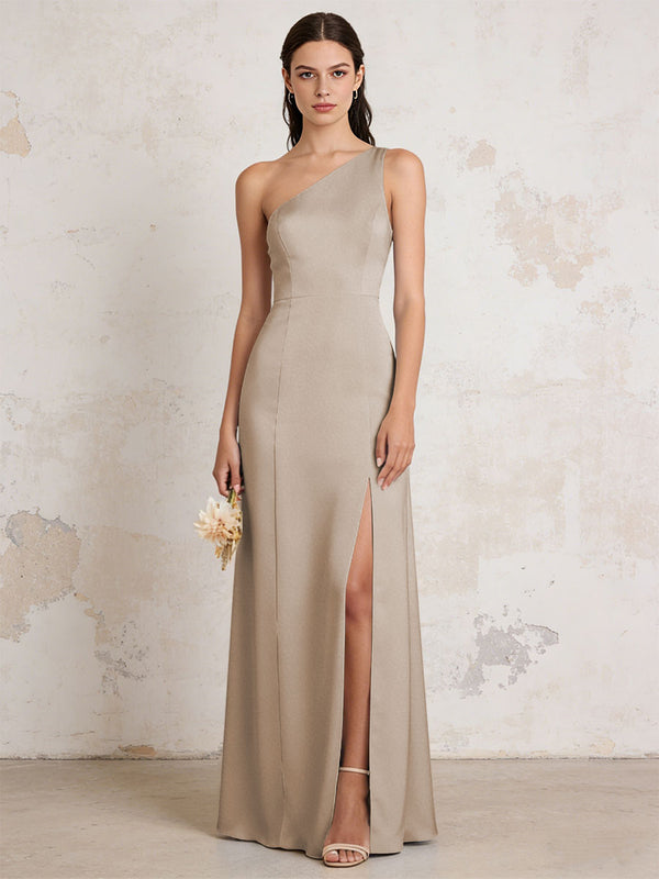 Satin One Shoulder Mermaid Maxi Bridesmaid Dresses with Slit