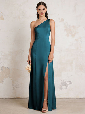 Satin One Shoulder Mermaid Maxi Bridesmaid Dresses with Slit