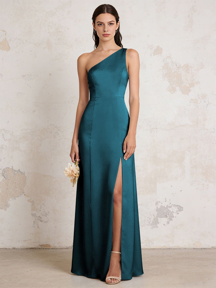 Satin One Shoulder Mermaid Maxi Bridesmaid Dresses with Slit