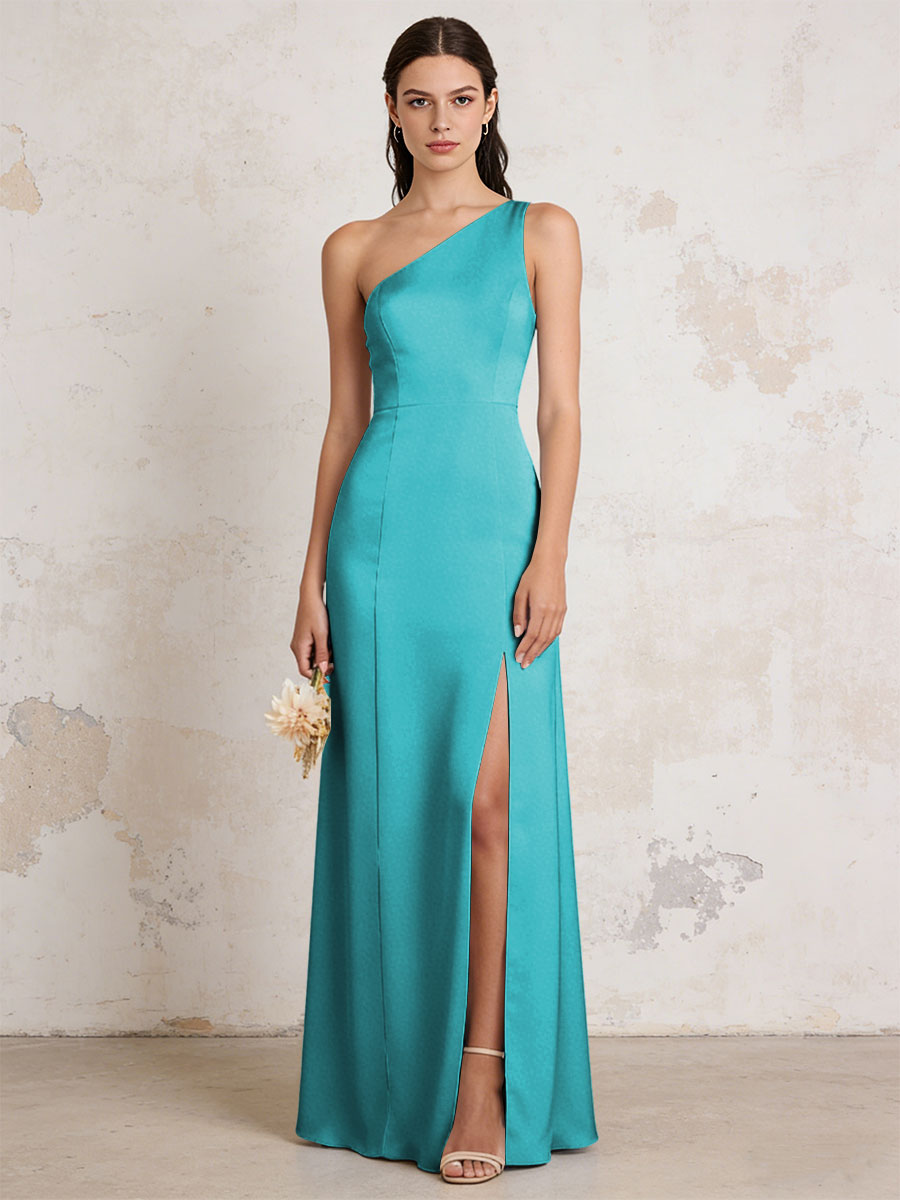 Satin One Shoulder Mermaid Maxi Bridesmaid Dresses with Slit