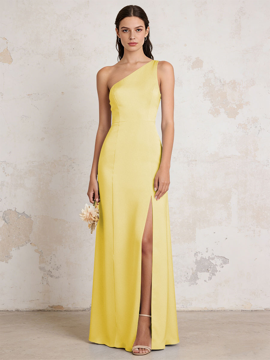 Satin One Shoulder Mermaid Maxi Bridesmaid Dresses with Slit