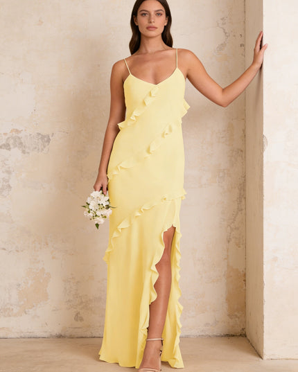 Ruffles Chiffon Spaghetti Straps Mermaid Maxi Bridesmaid Dresses with Slit