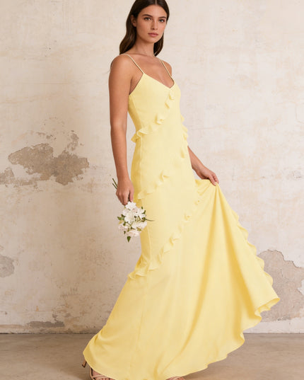 Ruffles Chiffon Spaghetti Straps Mermaid Maxi Bridesmaid Dresses with Slit