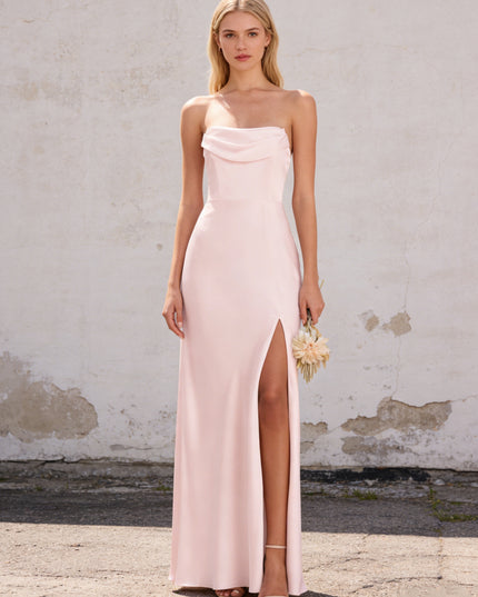 Satin Strapless Pleated Mermaid Maxi Bridesmaid Dresses with Slit