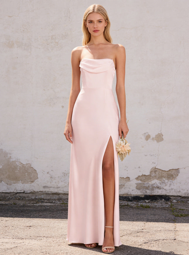 Satin Strapless Pleated Mermaid Maxi Bridesmaid Dresses with Slit