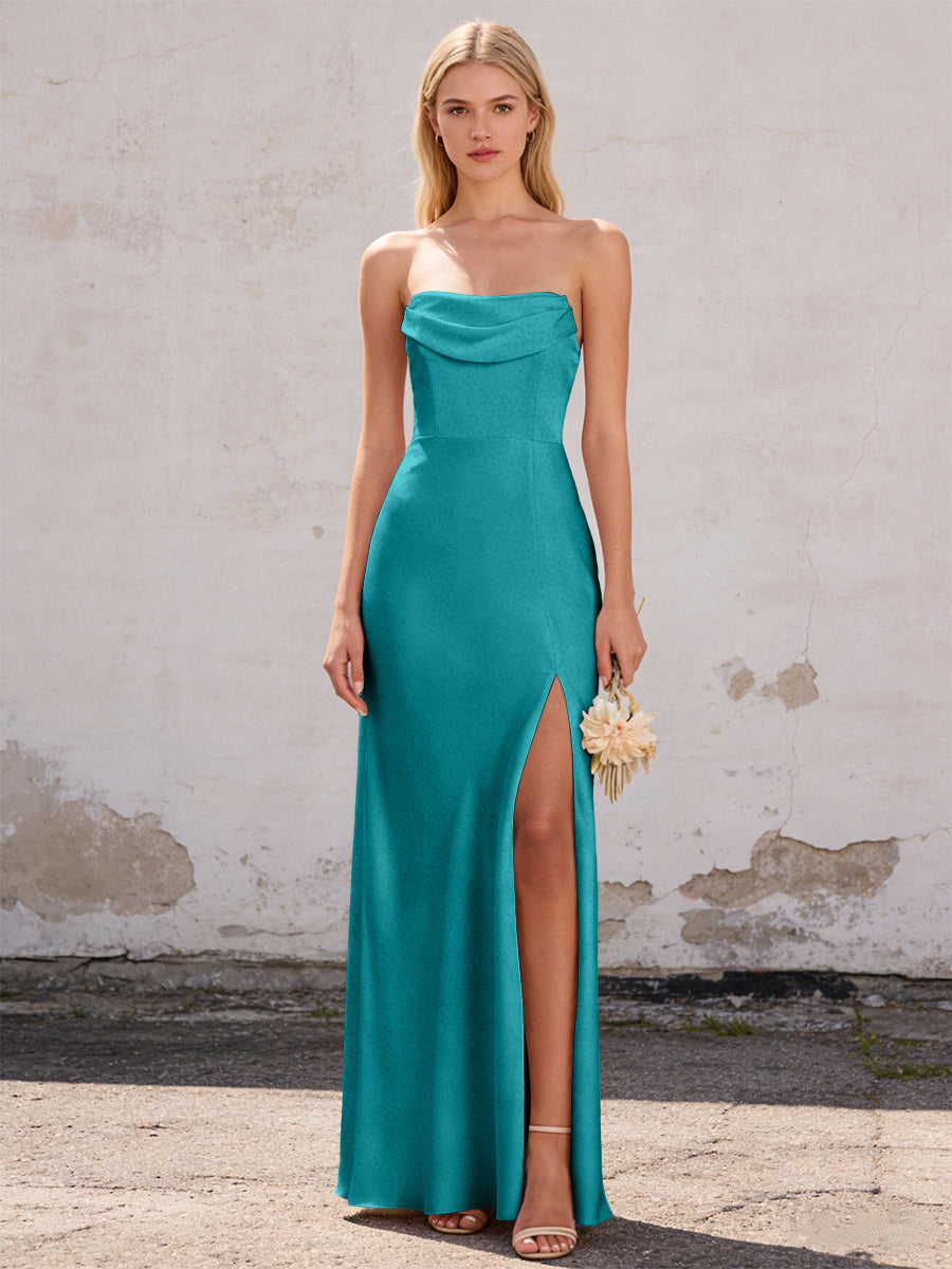 Satin Strapless Pleated Mermaid Maxi Bridesmaid Dresses with Slit
