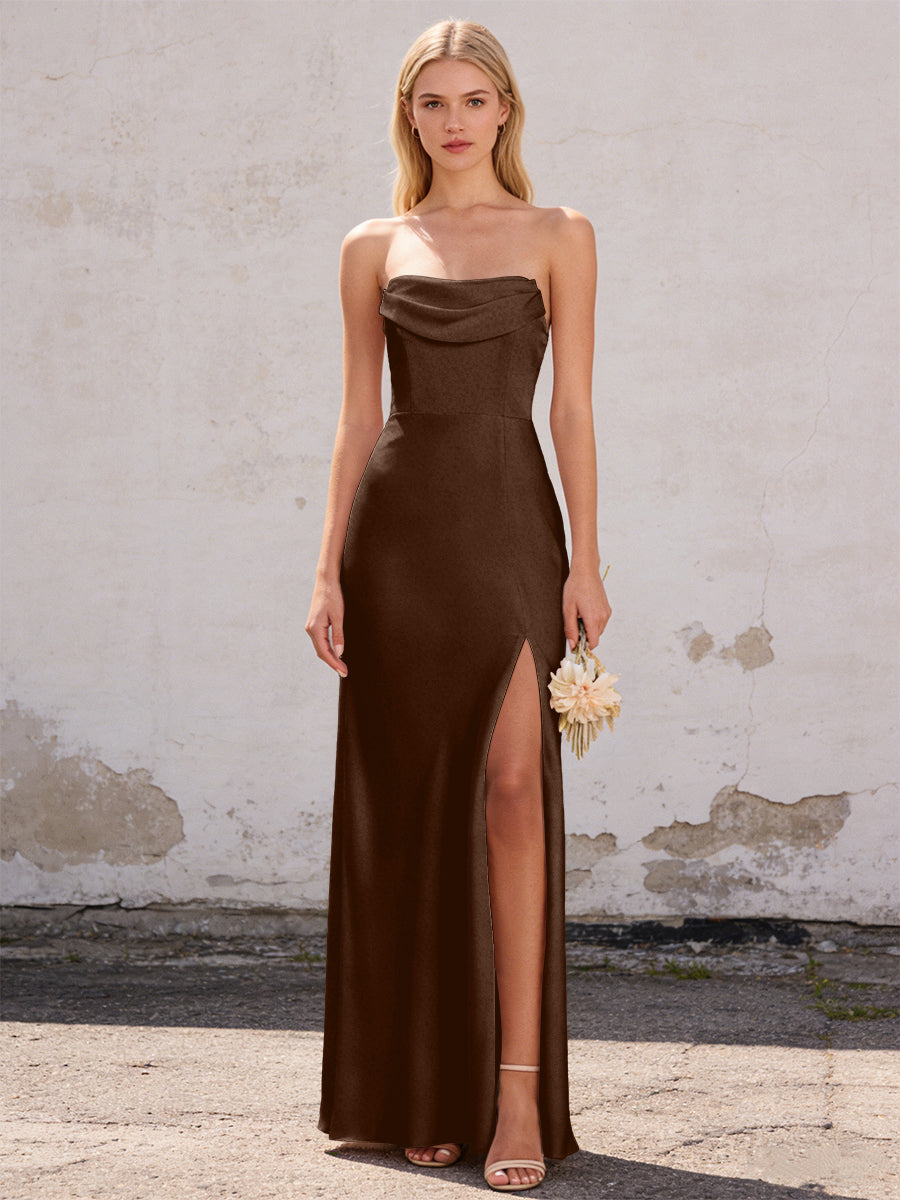 Satin Strapless Pleated Mermaid Maxi Bridesmaid Dresses with Slit