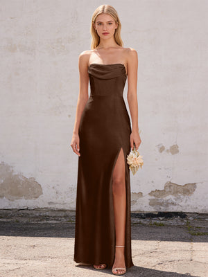 Satin Strapless Pleated Mermaid Maxi Bridesmaid Dresses with Slit