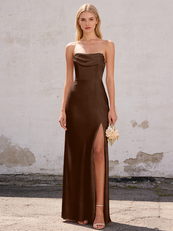 Satin Strapless Pleated Mermaid Maxi Bridesmaid Dresses with Slit