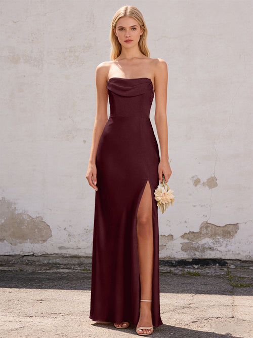 Satin Strapless Pleated Mermaid Maxi Bridesmaid Dresses with Slit