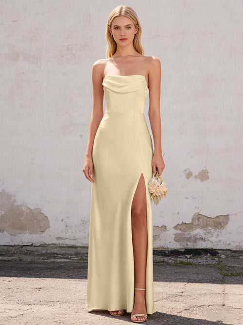 Satin Strapless Pleated Mermaid Maxi Bridesmaid Dresses with Slit