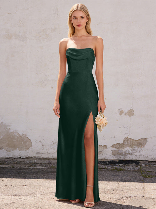 Satin Strapless Pleated Mermaid Maxi Bridesmaid Dresses with Slit